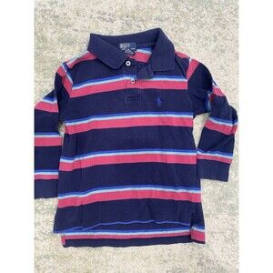 Vintage Polo Ralph Lauren Rugby Shirt Boys Size 7 Striped Blue Pink Pony Preppy